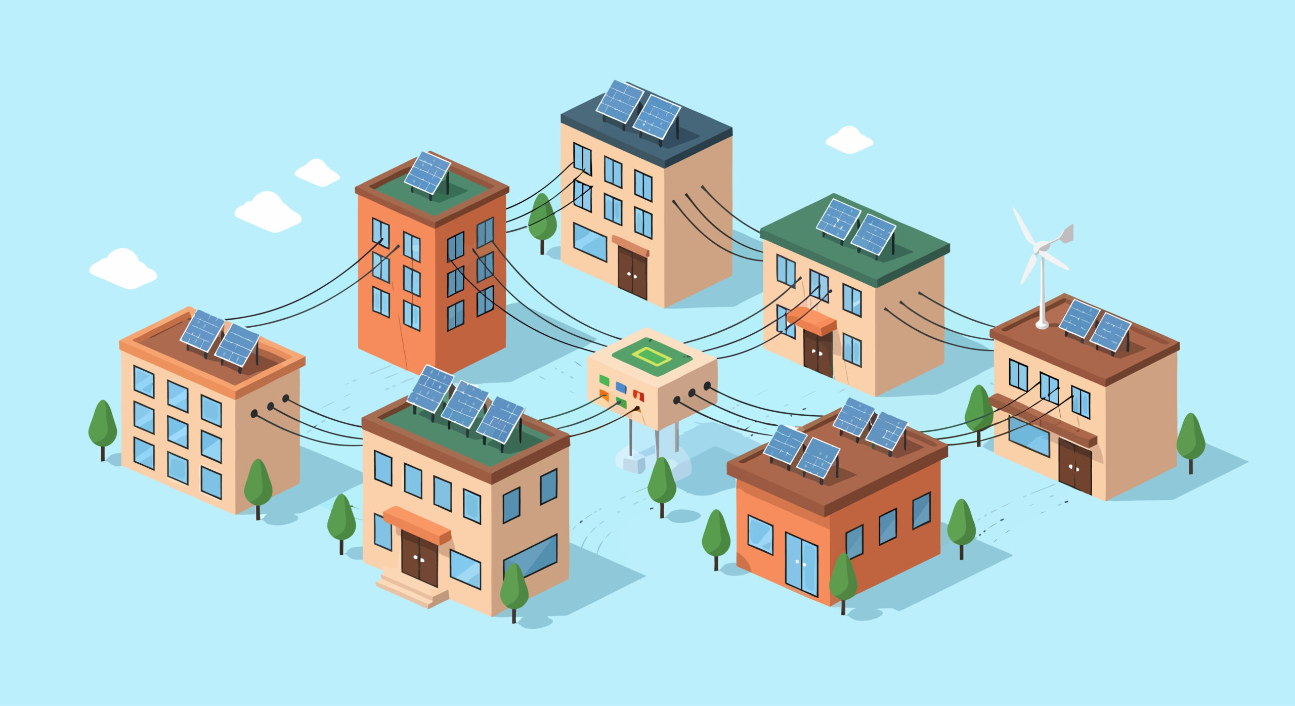 Isometric flat icon set: renewable energy grid with houses using solar panels and wind turbine connected to power distribution hub.